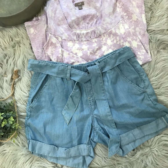 hinge Pants - Hinge- belted chambray cuffed hemmed shorts
